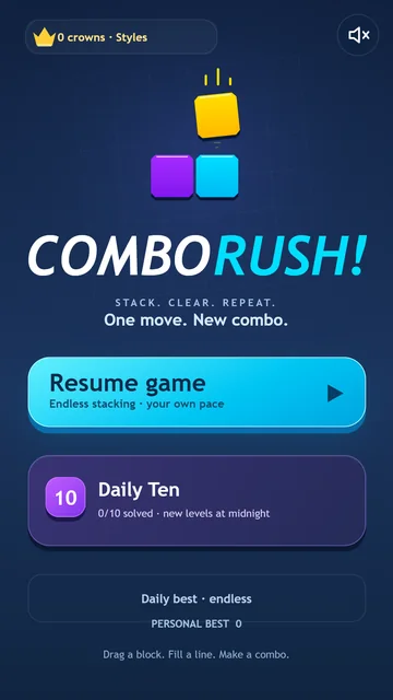 ComboRush main menu with endless play and the Daily Ten challenge